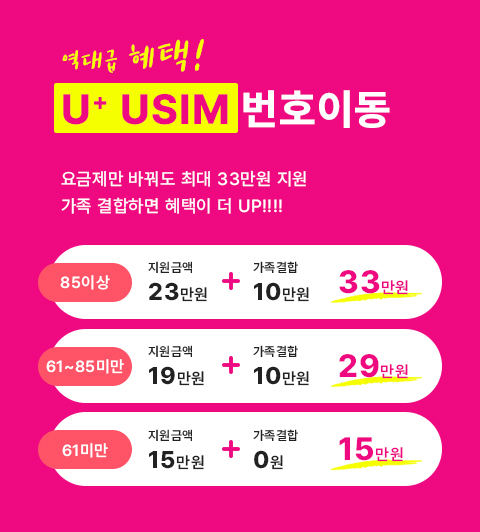 휴대폰성지 U+서희폰마켓에서 제공하는 역대급 혜택 U+ USIM 번호이동 요금제 최대 33만원 지원 가족 결합 할인 혜택 배너